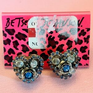 Betsey Johnson Blue and Silver Crystal Heart Earrings NWT